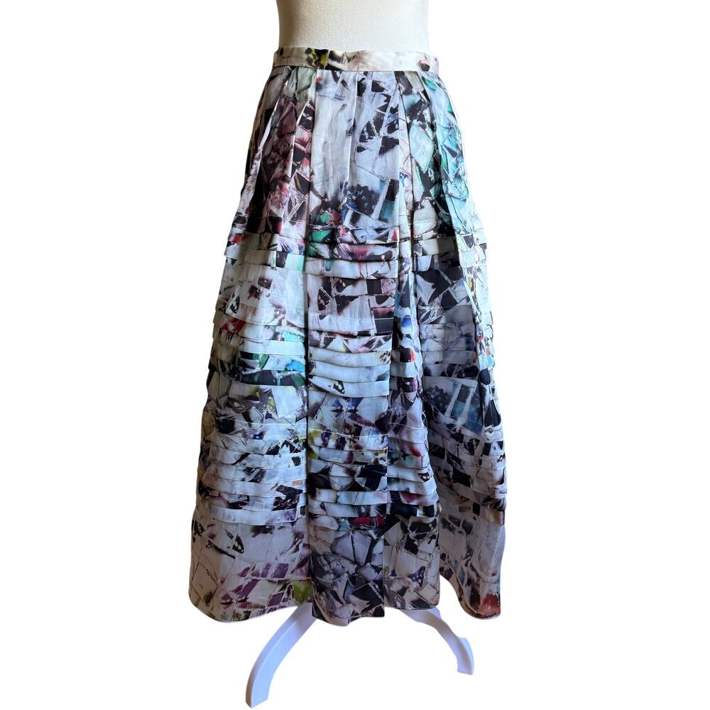 by FANG | Photo Print White Silk Gazar Pleated Midi Ball Gown Skirt | Size 38